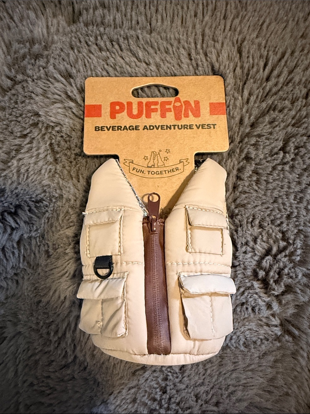 Puffin Beverage Adventure Vest insulated Koozie Cooler Pockets Zippper